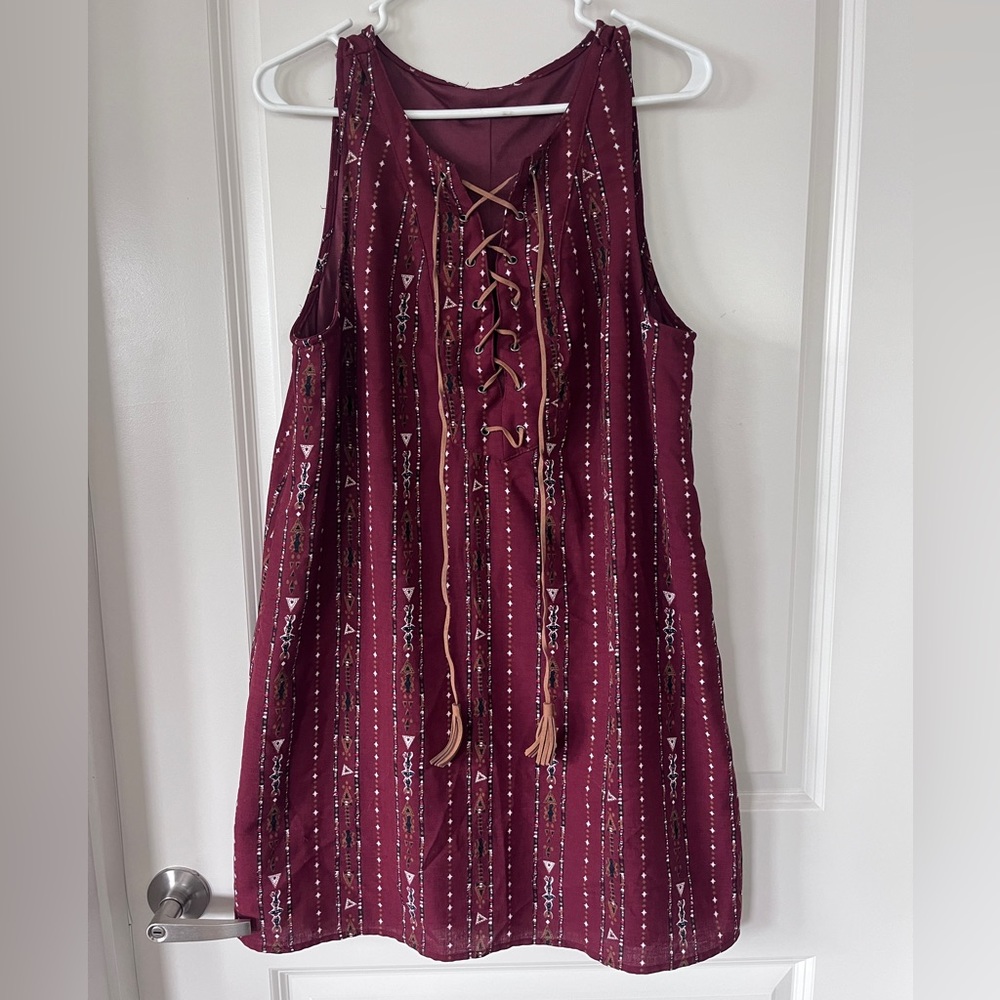 Sleeveless Print Dress with Tassels and Lace-Up Front